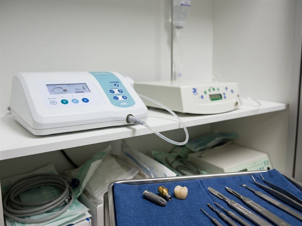Motores de implantología y bandeja con implante y corona en la clínica dental de Chantada