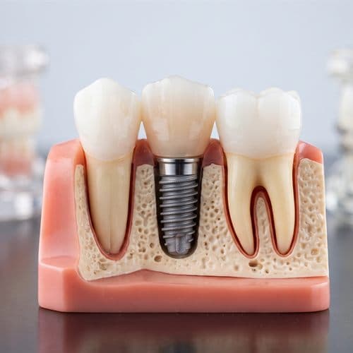Maqueta de implante dental de titanio con corona en la clínica de Chantada