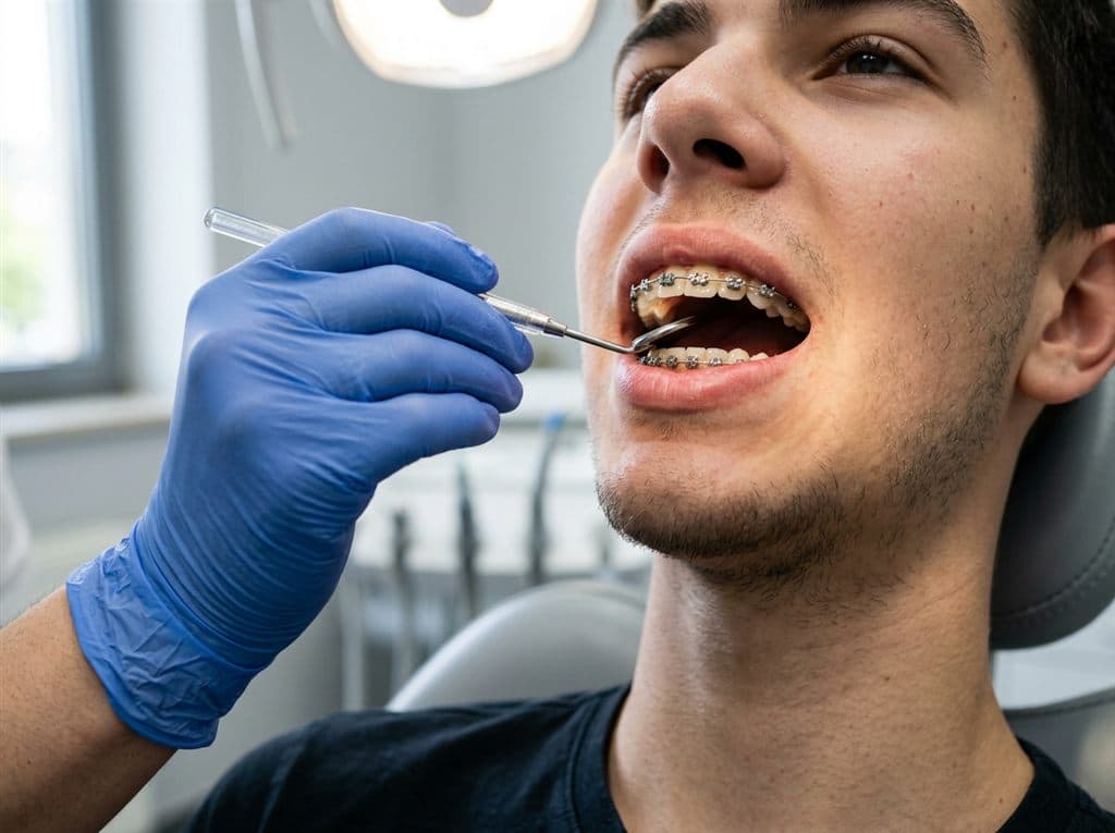 Ortodoncista revisando la mordida de un paciente con brackets en Chantada