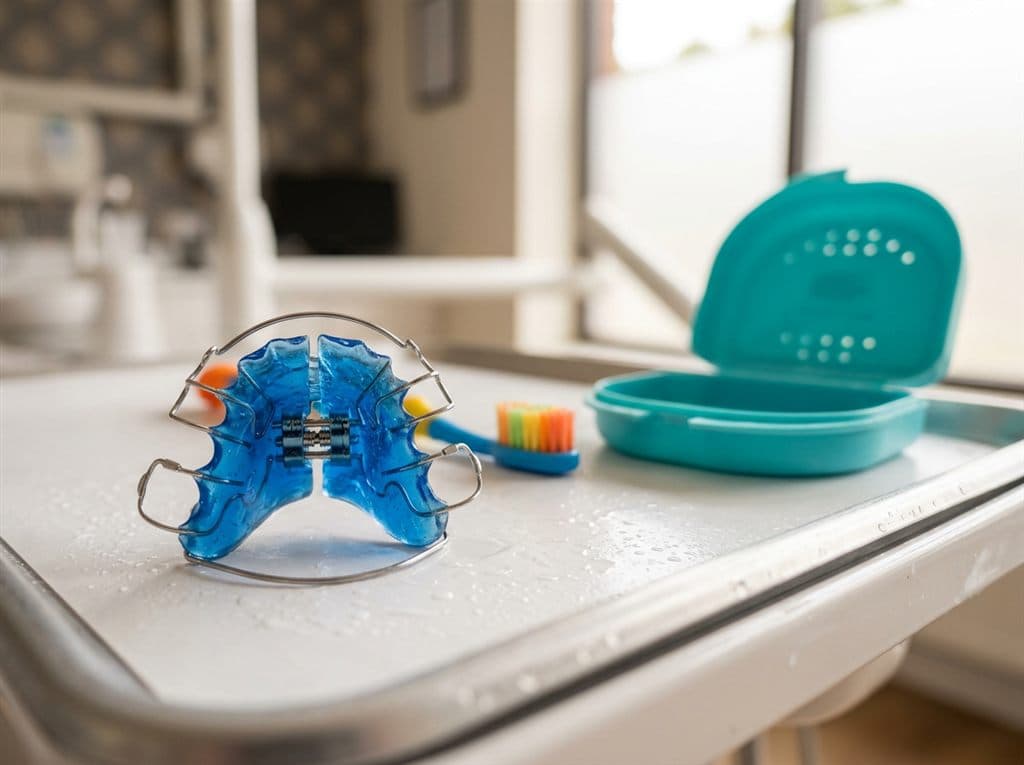 Aparato removible de ortodoncia infantil con su estuche en la clínica dental de Chantada
